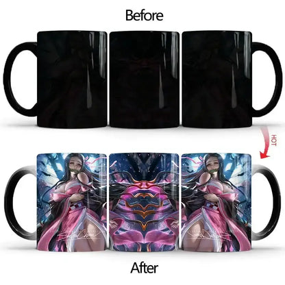Black ceramic demon slayer heat-sensitive color changing mug revealing vibrant anime character in pink and purple attire