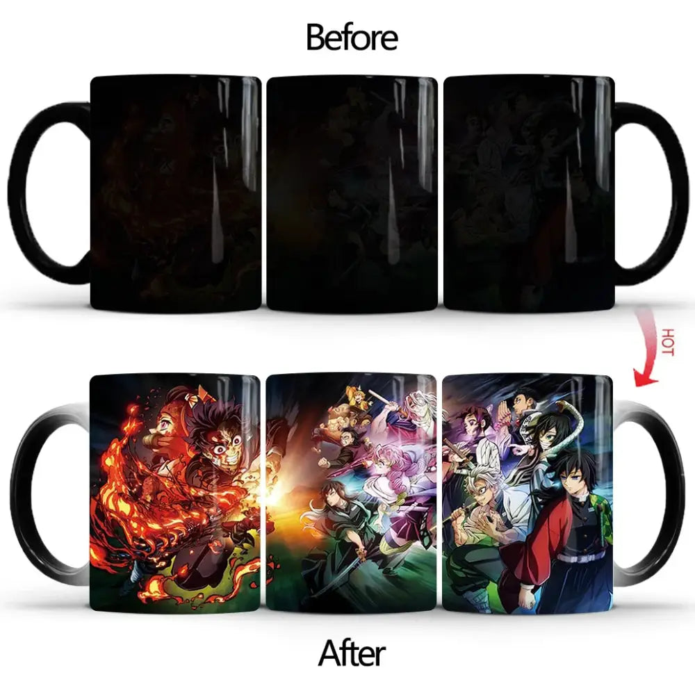 Black ceramic demon slayer heat-sensitive color changing mug revealing vibrant anime characters when heated