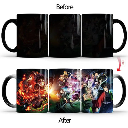 Black ceramic demon slayer heat-sensitive color changing mug revealing vibrant anime characters when heated