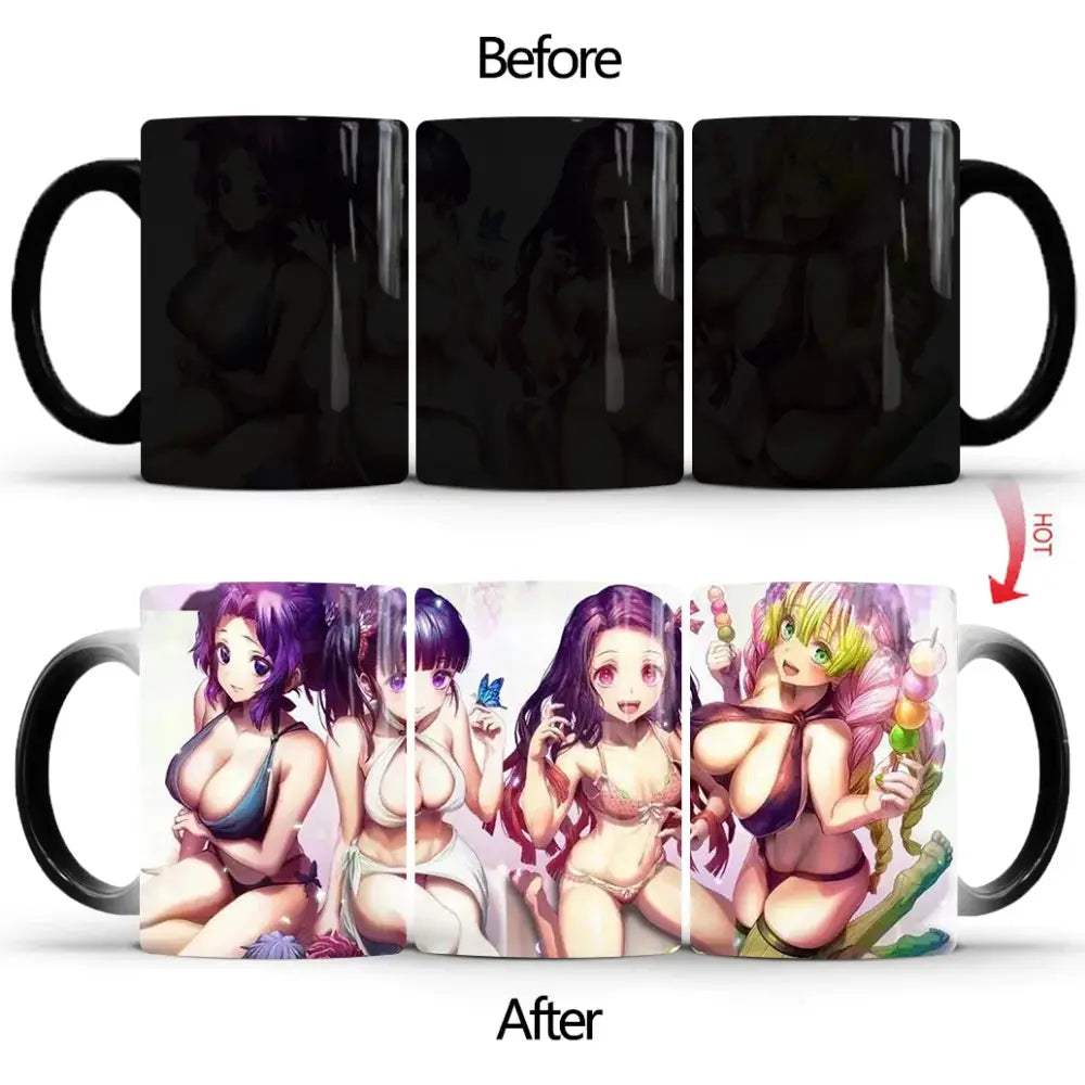 Black ceramic demon slayer tanjiro color changing mug with heat-sensitive color changing anime design