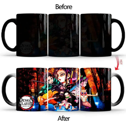 Black ceramic demon slayer tanjiro color changing mug with heat-sensitive artwork revealing vibrant characters