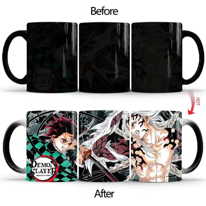 Black ceramic demon slayer mug with heat-sensitive color changing design featuring tanjiro and demon slayer logo