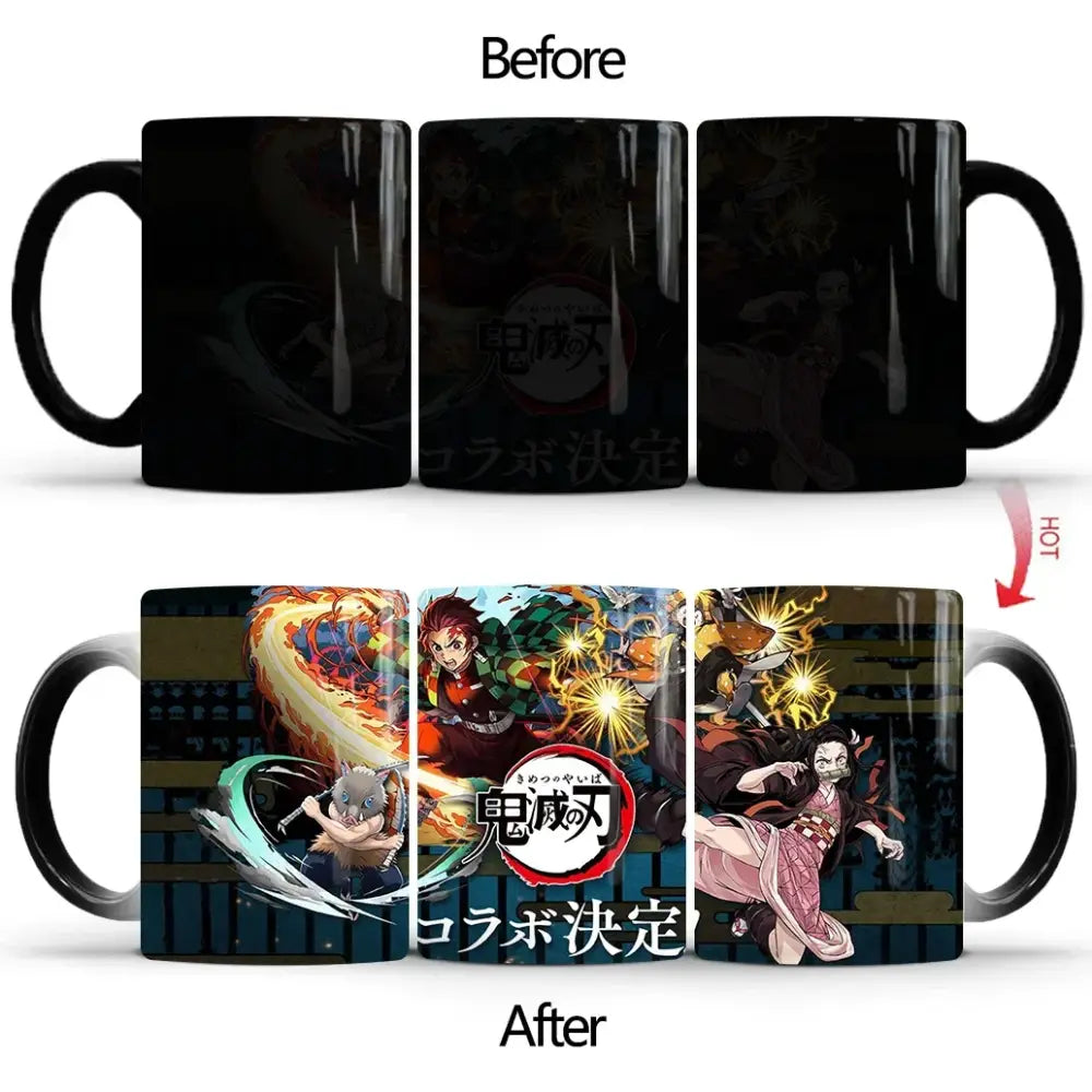 Black ceramic demon slayer tanjiro mug with vibrant heat-sensitive color changing anime design