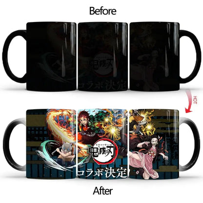 Black ceramic demon slayer tanjiro mug with vibrant heat-sensitive color changing anime design