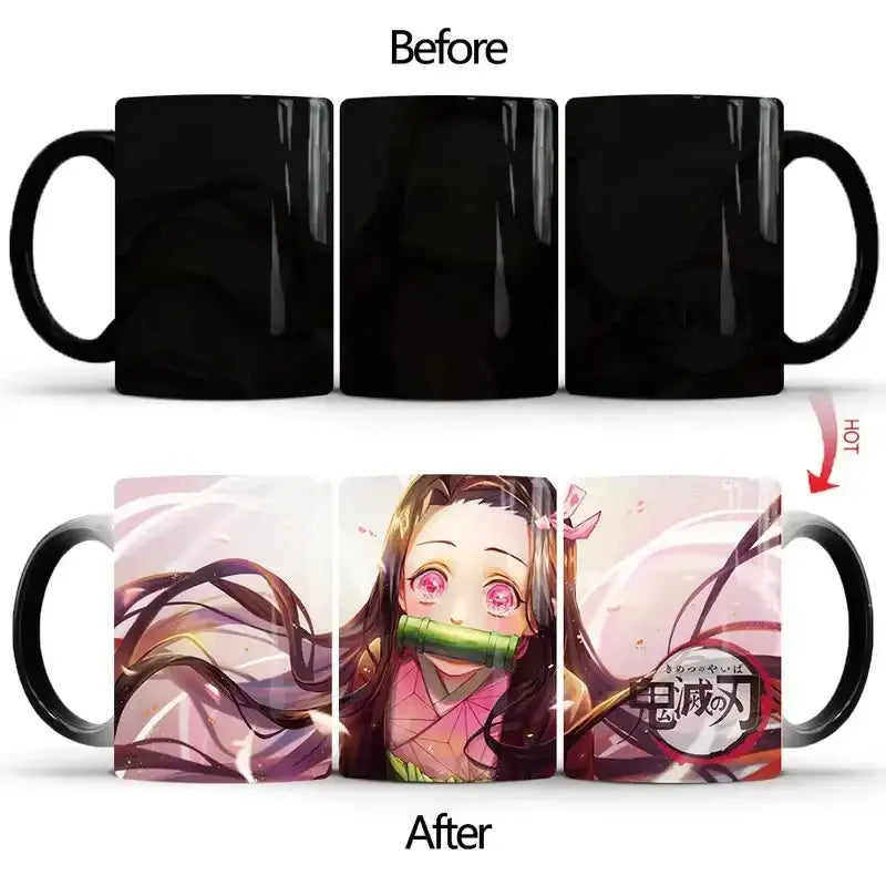 Black ceramic demon slayer color changing mug with heat-sensitive design revealing colorful nezuko kamado illustration