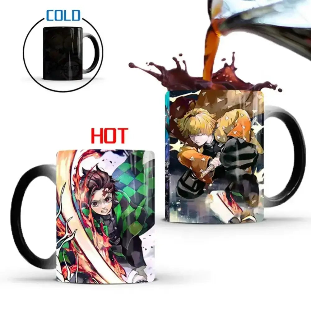 Black ceramic demon slayer heat-sensitive color changing mug featuring tanjiro kamado and inosuke hashibira artwork