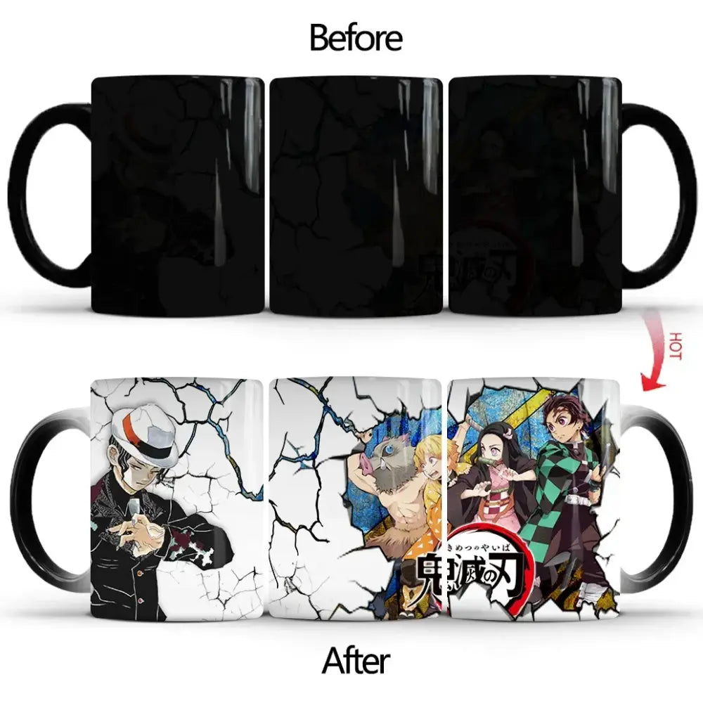Black ceramic demon slayer tanjiro heat-sensitive color changing mug revealing anime characters when heated