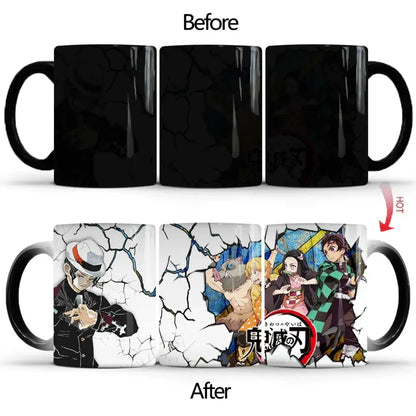 Black ceramic demon slayer tanjiro heat-sensitive color changing mug revealing anime characters when heated