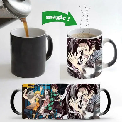 Black ceramic demon slayer heat-sensitive color changing mug revealing anime characters with hot liquid