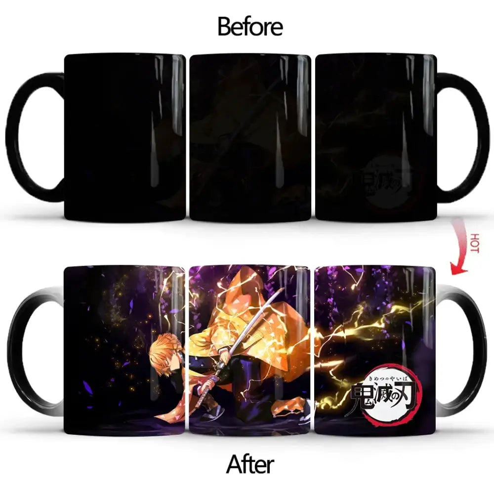 Black ceramic demon slayer tanjiro heat-sensitive color changing mug revealing vibrant anime scene when hot