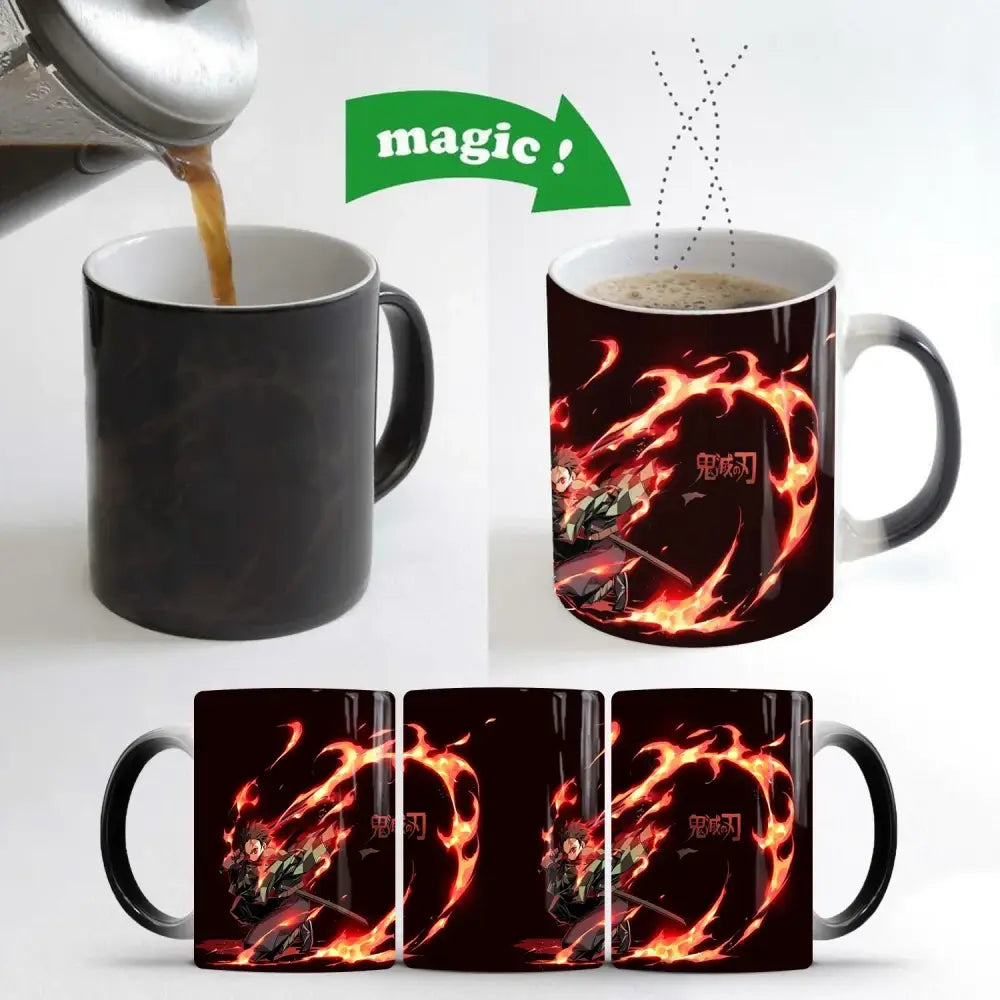 Black ceramic demon slayer heat-sensitive color changing mug revealing vibrant red and orange tanjiro flame design