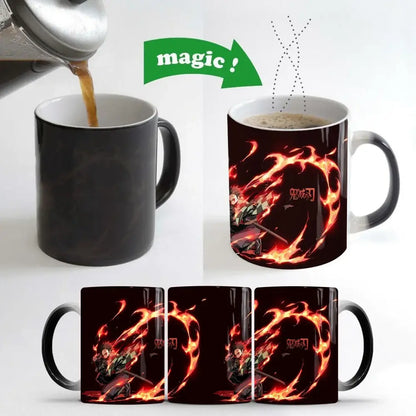 Black ceramic demon slayer heat-sensitive color changing mug revealing vibrant red and orange tanjiro flame design