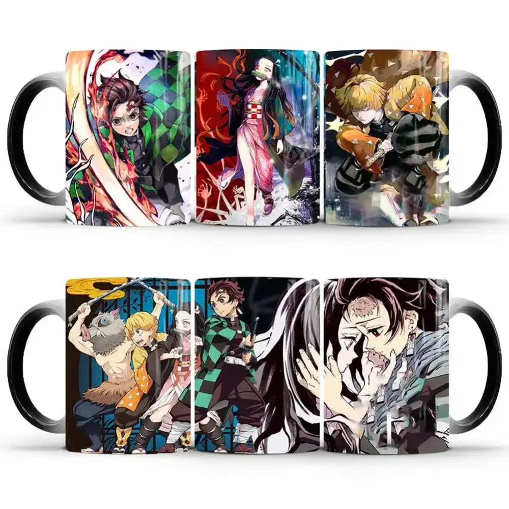 Set of five demon slayer color changing ceramic mugs with black handles featuring vibrant heat-sensitive character art