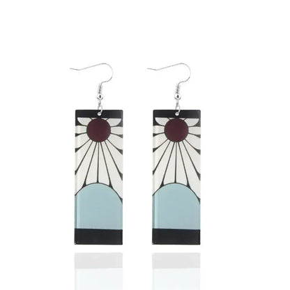 Rectangular demon slayer tanjiro butterfly drop earrings with stylized sun and moon design in black white maroon and light blue enamel