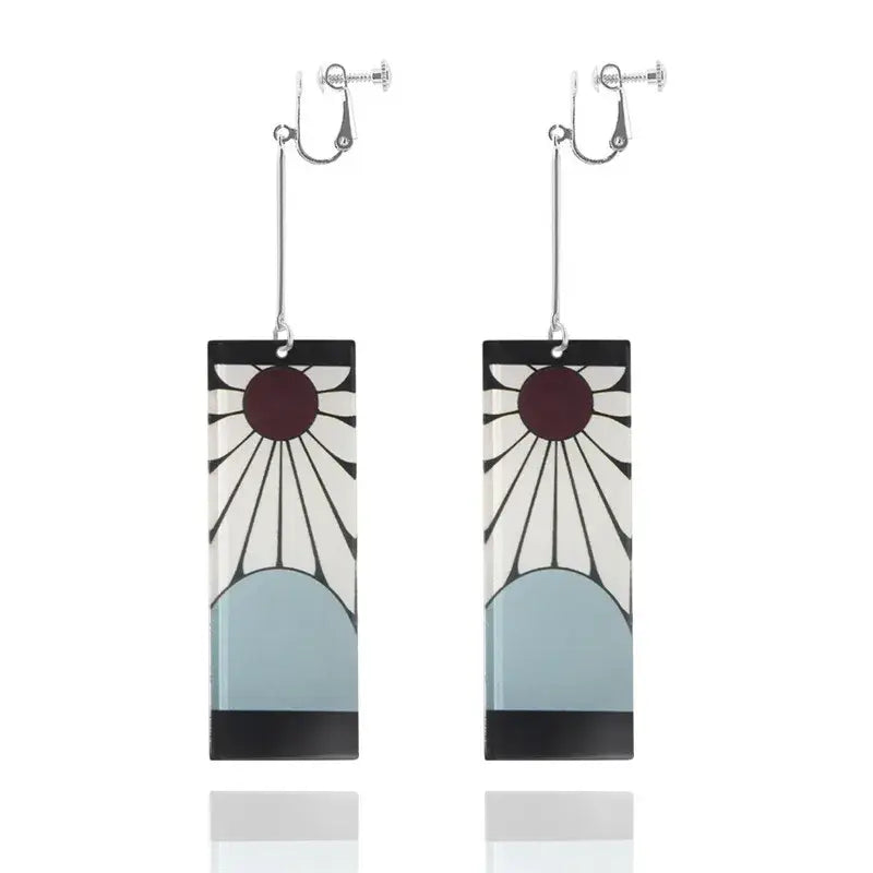 Rectangular demon slayer tanjiro drop earrings with sun and moon enamel design in black white maroon and light blue