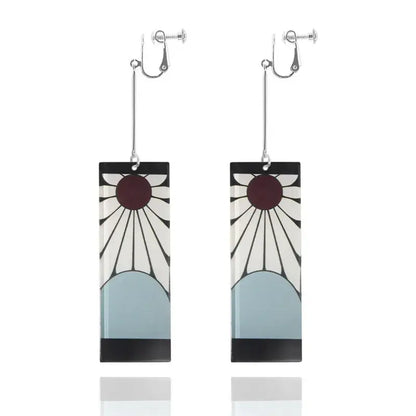 Rectangular demon slayer tanjiro drop earrings with sun and moon enamel design in black white maroon and light blue