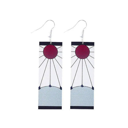 Demon slayer tanjiro butterfly drop earrings with red sun, black rays, silver glitter acrylic and black borders