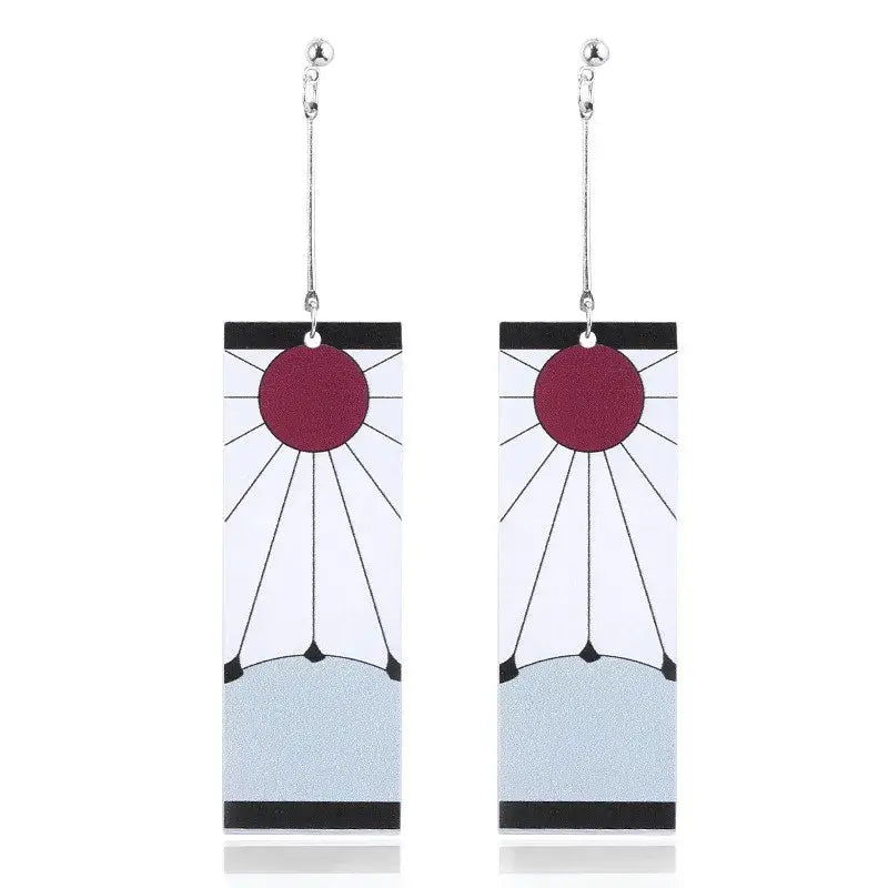 Rectangular demon slayer tanjiro butterfly drop acrylic earrings with maroon circle, black lines, light blue and black bands