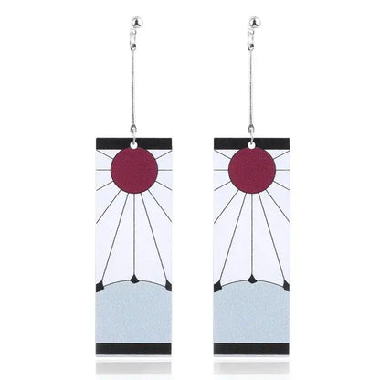 Rectangular demon slayer tanjiro butterfly drop acrylic earrings with maroon circle, black lines, light blue and black bands