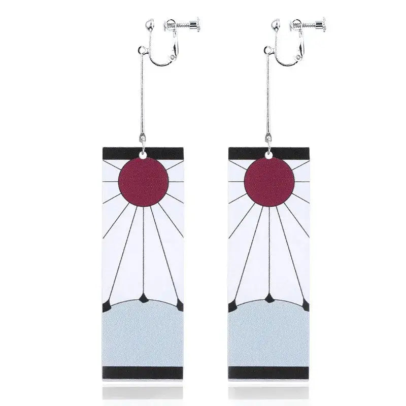 A pair of silver-tone acrylic demon slayer tanjiro butterfly drop clip-on earrings with maroon circle and black lines