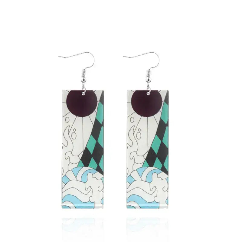 Rectangular acrylic demon slayer tanjiro butterfly drop earrings with teal and black diamond patterns and white waves