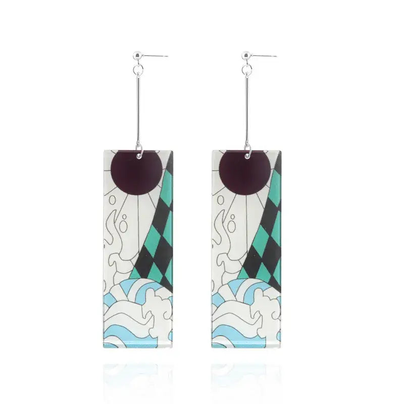 Rectangular acrylic demon slayer tanjiro butterfly drop earrings with teal and black diamond patterns and purple accents