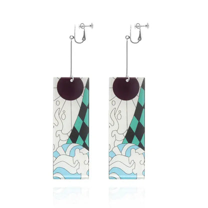 Rectangular acrylic demon slayer tanjiro butterfly drop earrings with teal black diamonds white waves and purple circle top