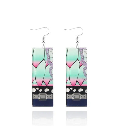 Rectangular demon slayer tanjiro butterfly drop earrings in acrylic with mint green, pink, purple gradient and black accents