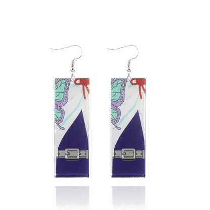 Rectangular acrylic demon slayer tanjiro butterfly drop earrings with purple white fabric teal wings and red ribbon accents