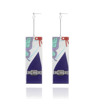 Rectangular translucent acrylic demon slayer tanjiro butterfly drop earrings with blue white kimono and purple butterfly motifs