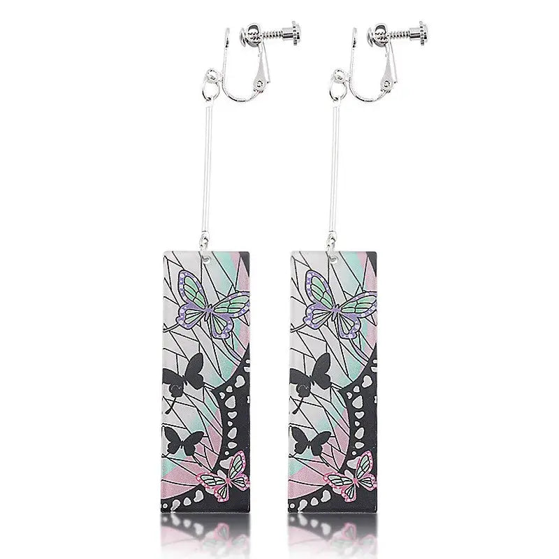 Rectangular butterfly drop demon slayer tanjiro clip-on earrings with translucent iridescent acrylic and silver hooks