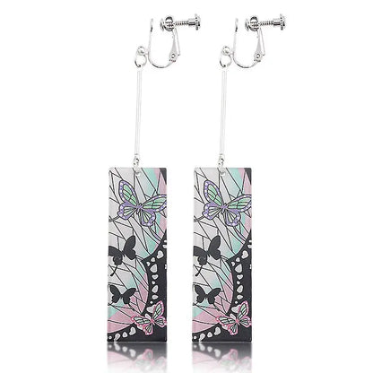 Rectangular butterfly drop demon slayer tanjiro clip-on earrings with translucent iridescent acrylic and silver hooks