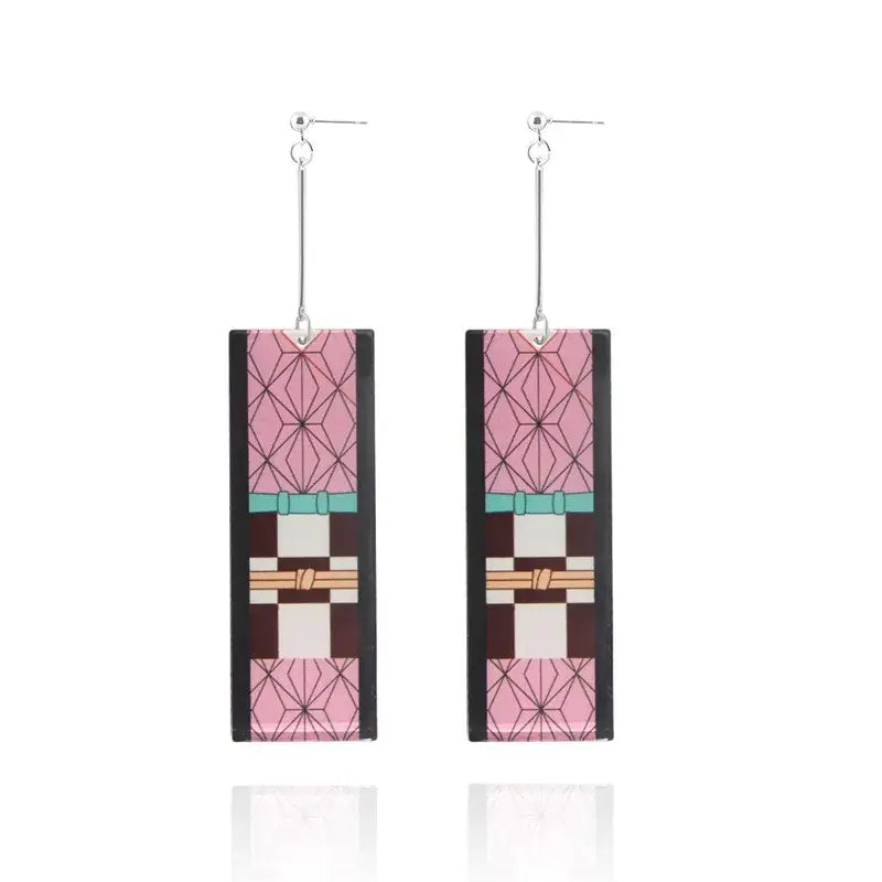 Pink and black acrylic demon slayer tanjiro butterfly drop earrings with geometric pattern and teal beige accents