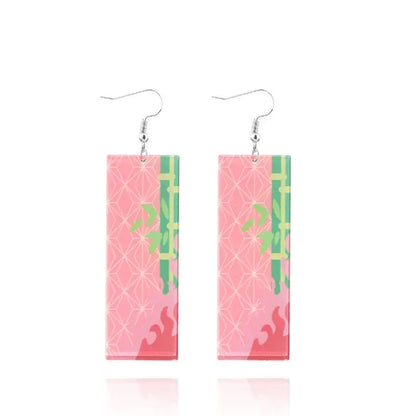 Rectangular pink and green patterned acrylic demon slayer tanjiro butterfly drop earrings with metallic hooks