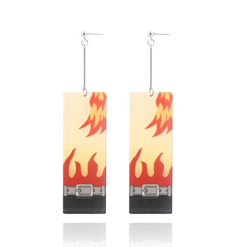 Rectangular flame-patterned demon slayer tanjiro butterfly drop earrings with silver-toned metal clasp and hook made of acrylic
