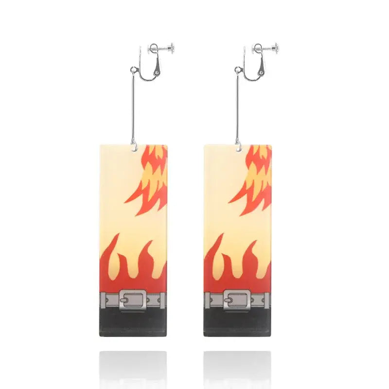 Demon slayer tanjiro butterfly drop earrings rectangular acrylic with flame pattern black base and silver clasp