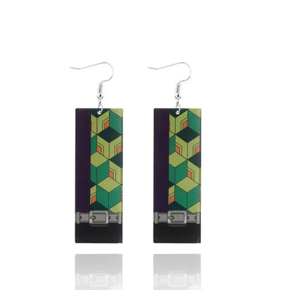 Rectangular demon slayer tanjiro butterfly drop earrings with green yellow cube pattern and silver buckle on acrylic