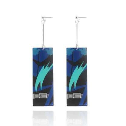 Demon slayer tanjiro butterfly drop earrings acrylic blue and black rectangular with teal lightning bolt and silver buckle detail