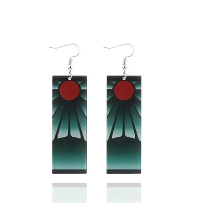 Demon slayer tanjiro acrylic butterfly drop earrings with green black rectangular design and red circular detail