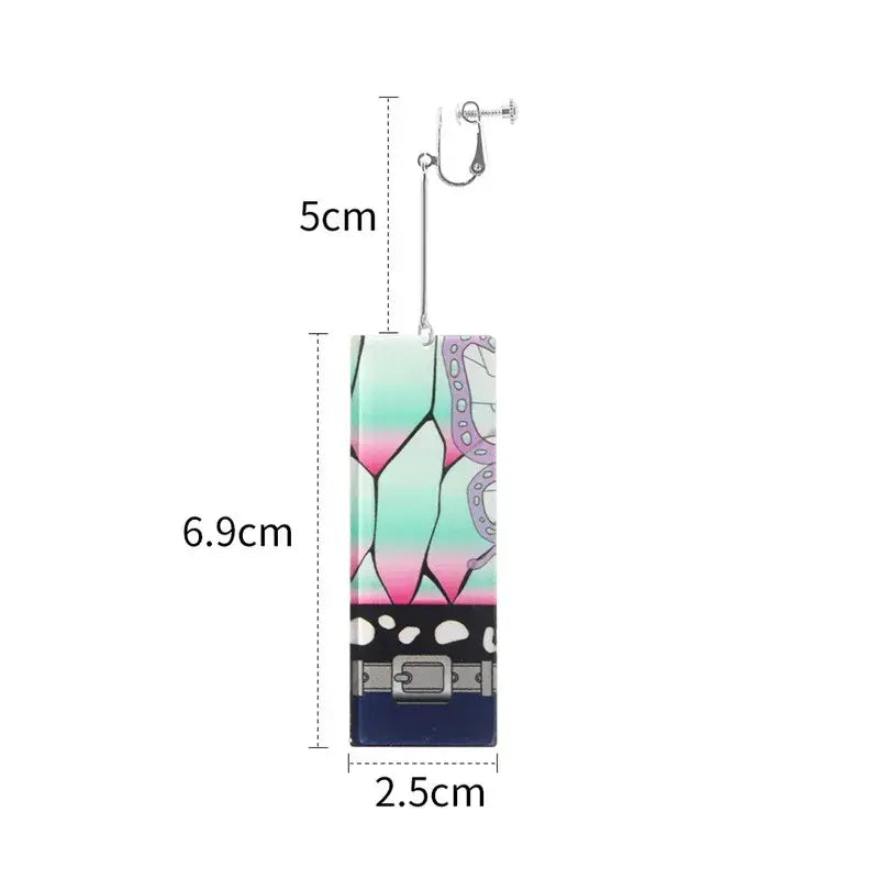Demon Slayer Tanjiro butterfly drop earrings acrylic 6.9cm teal pink purple gradient with navy base and silver buckles