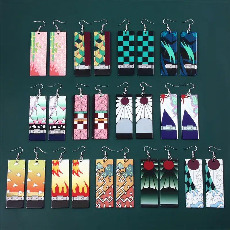 Rectangular acrylic demon slayer tanjiro butterfly drop earrings with colorful intricate designs inspired by anime
