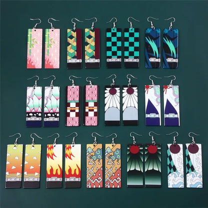 Rectangular acrylic demon slayer tanjiro butterfly drop earrings with colorful intricate designs inspired by anime