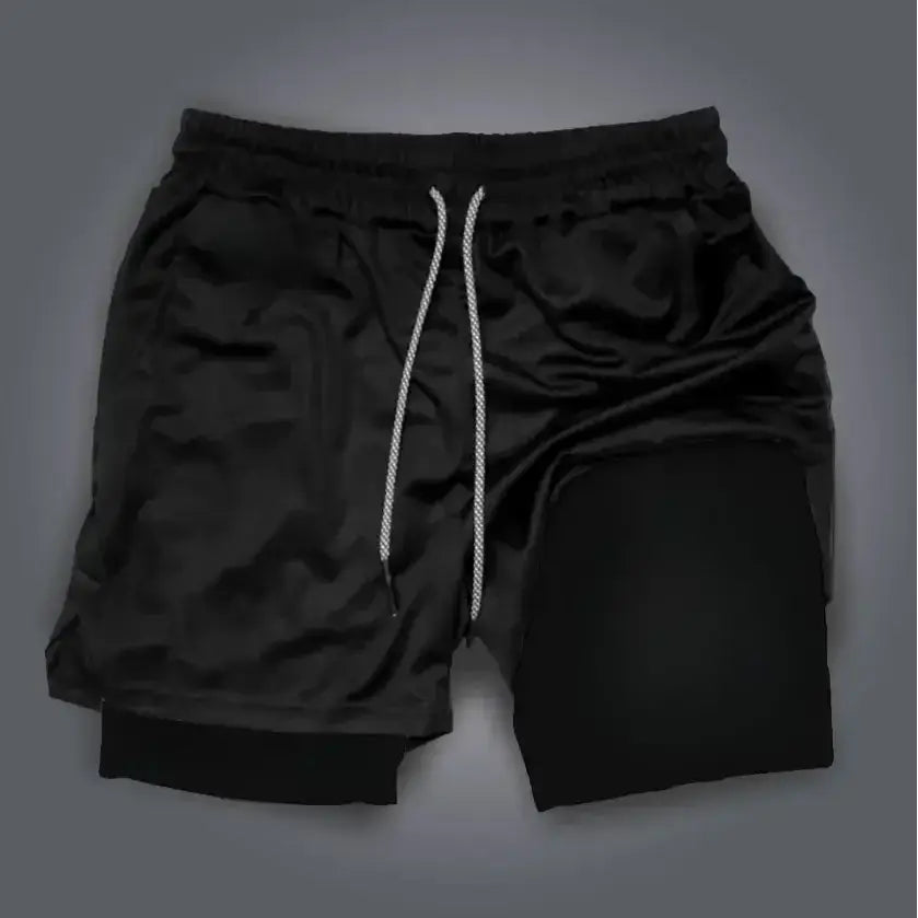 Black demon slayer gym shorts with white drawstring quick-dry double-layer and subtle texture for workout use