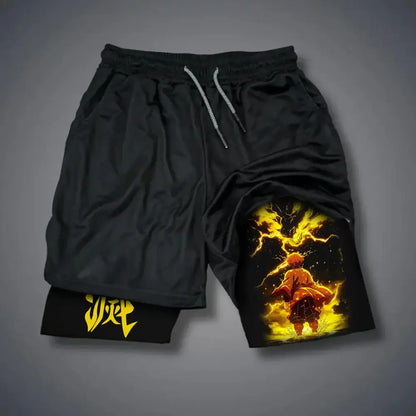 Demon slayer tanjiro gym shorts black quick-dry double-layer with vibrant yellow orange flame design and white drawstrings