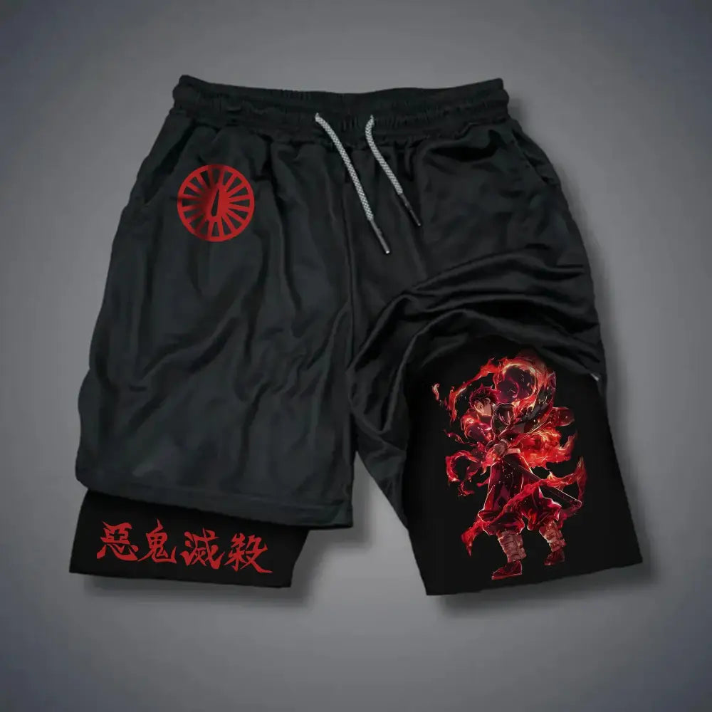 Black demon slayer gym shorts with quick-dry double-layer fabric, red anime graphic, circular emblem, and white drawstrings