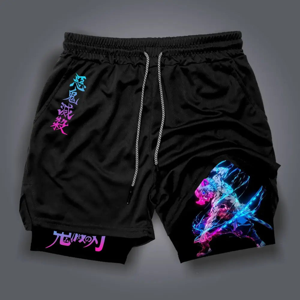 Black demon slayer gym shorts with neon blue and pink anime graphic and japanese text, quick-dry double-layer design