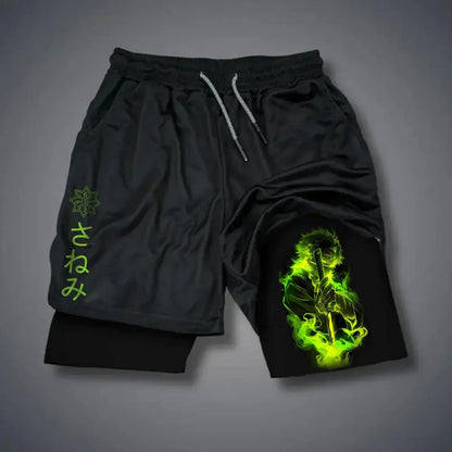 Black demon slayer gym shorts featuring neon green glowing anime graphic and vertical japanese text quick-dry double-layer