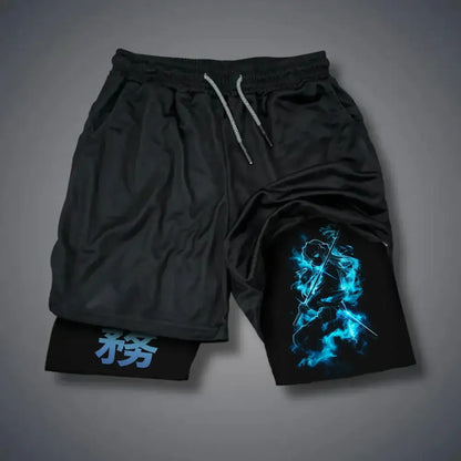 Black demon slayer gym shorts with glowing blue anime character design and light gray drawstrings quick dry double layer