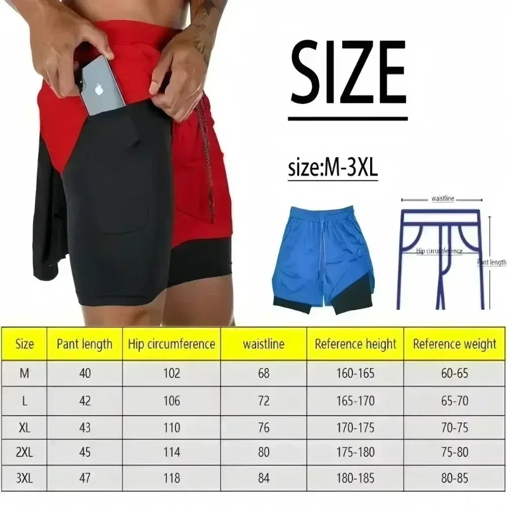 Red and black demon slayer gym shorts with quick-dry double-layer fabric and side pocket holding a smartphone