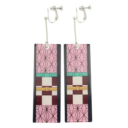 Demon slayer tanjiro hanafuda long drop earrings in lightweight acrylic with pink and maroon geometric pattern and silver hooks